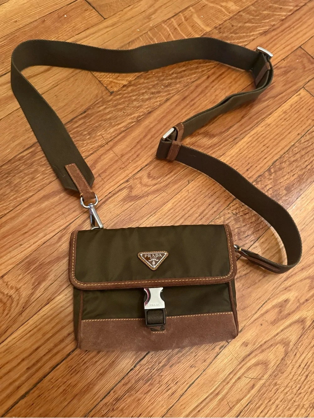 Prada Olive Green Crossbody Bag with Brown suede Trim current collection